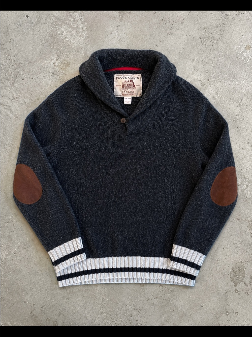 Roots Cabin Wool Blend Shawl Collar Sweater Elbow Patches XXL